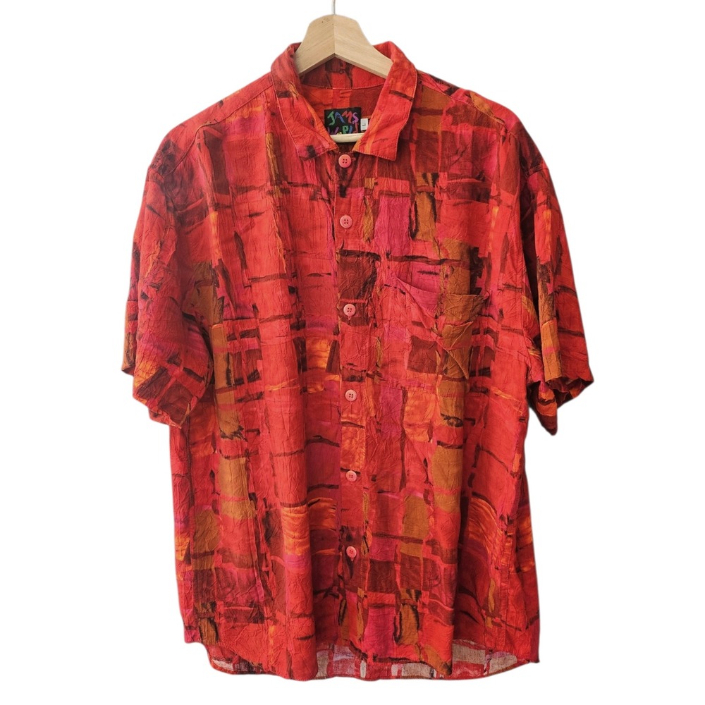 Vintage 90's Jams World Mens Large Red Geometric Short Sleeve Button Up Shirt